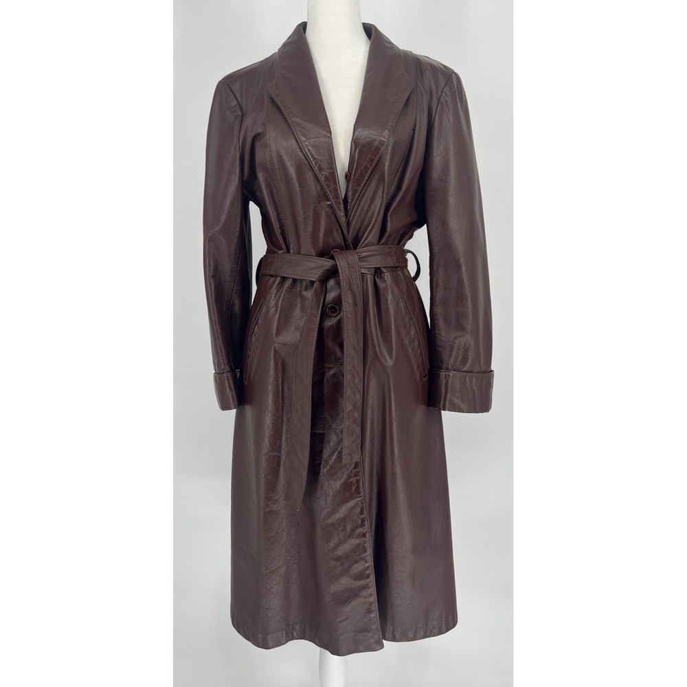 Vintage 70s Sears Women's Leather Trench Coat Burgundy Belted Sz  14 (M) READ